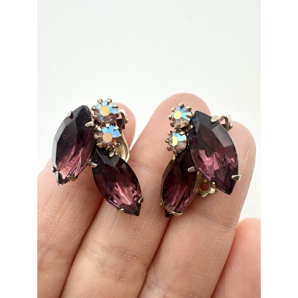 Vintage Rhinestone Clip On Earrings AB Crystal Floral Leaf